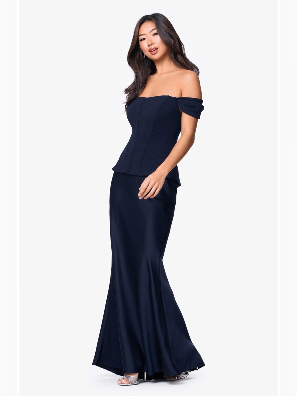 Betsy & Adam Off Shoulder Mixed Media Gown Navy Formal Dress Size 8 NWT